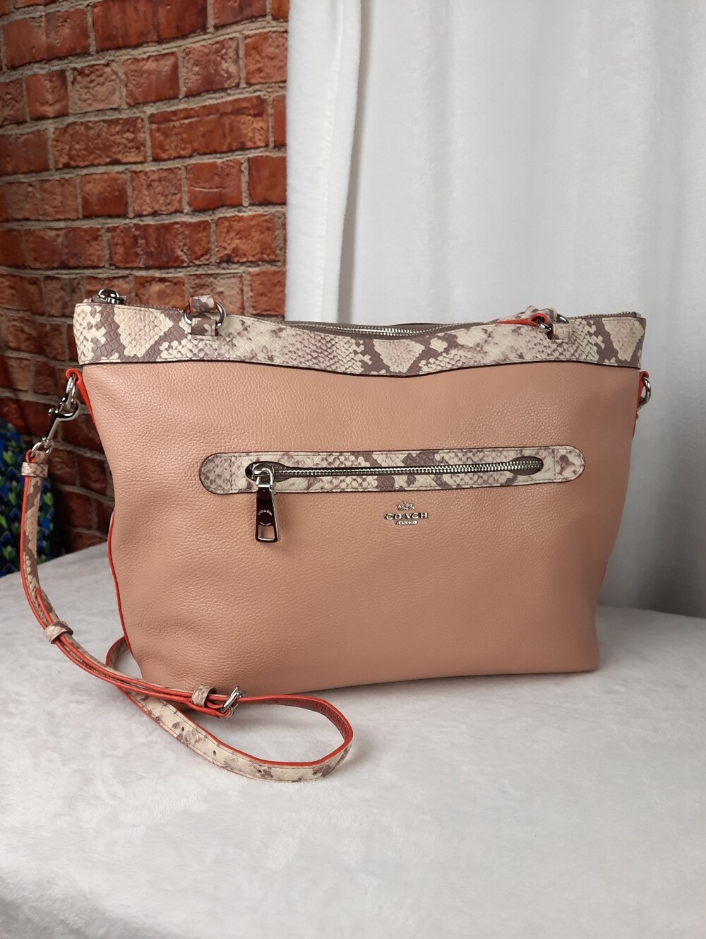 Coach Blush Leather Tyler Tote with Snake-Print Reversible Trim